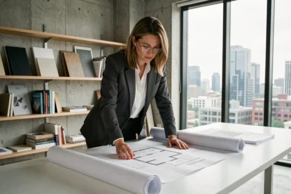 Directrice artistique professionnelle examinant des plans de design dans un studio moderne et contemporain