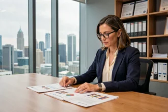 Analyste financière en gestion d'actifs examinant des rapports financiers dans un bureau moderne avec vue sur la ville