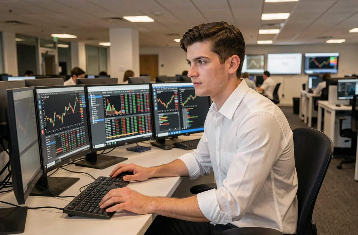 Jeune trader en gestion d'actifs travaillant sur des écrans de données de marché dans une salle de trading professionnelle