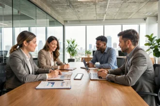 Équipe mixte et multiculturelle en réunion autour d'une table dans un bureau moderne, illustrant la diversité en entreprise