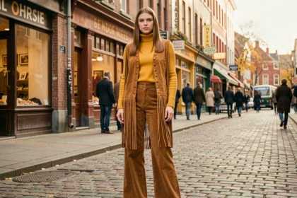 Jeune femme en tenue de mode 1972 avec pantalon pattes d'éléphant en velours côtelé, col roulé moutarde et gilet en daim à franges dans une rue pavée européenne