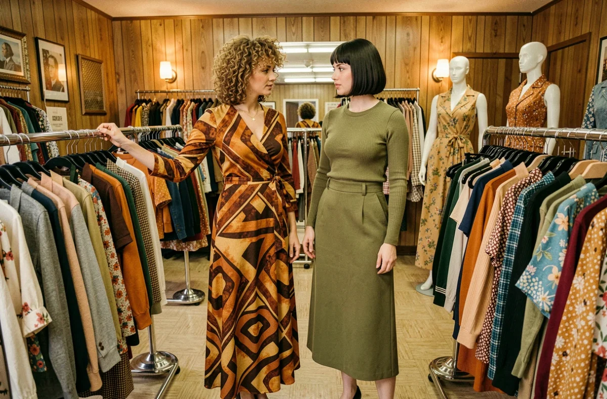 Deux femmes en robes et tenues de mode 1972 dans une boutique rétro avec portants chromés et mannequins habillés à la mode des années 70