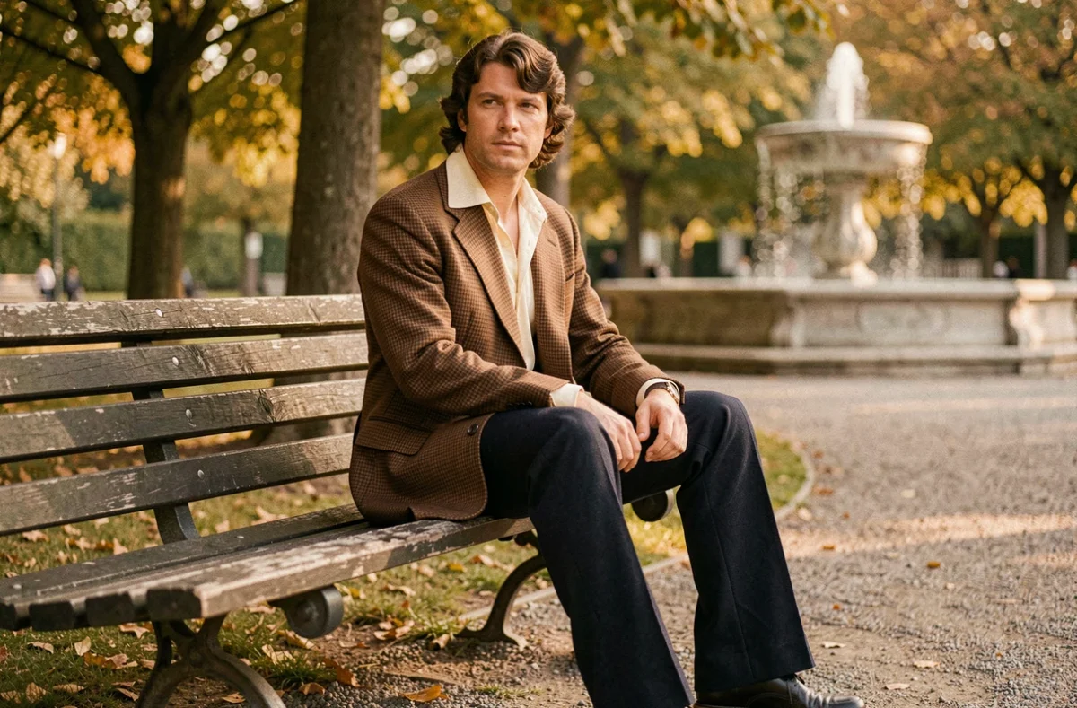 Homme en mode masculine 1972 avec veste à larges revers en tweed, chemise à grand col pointu et pantalon flare marine assis dans un parc urbain