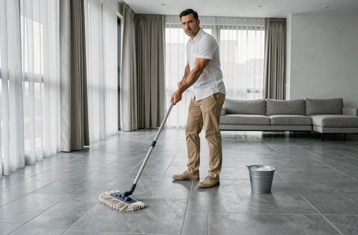 Homme utilisant une serpillière plate sur un sol en carrelage gris dans un salon contemporain et spacieux