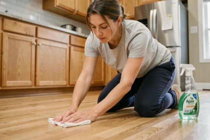 Femme nettoyant un sol en parquet avec un chiffon microfibre et un produit nettoyant écologique dans une cuisine moderne