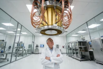 Ordinateur quantique suspendu comme un lustre dans un laboratoire de recherche avec un scientifique qui l'observe