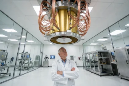 Ordinateur quantique suspendu comme un lustre dans un laboratoire de recherche avec un scientifique qui l'observe