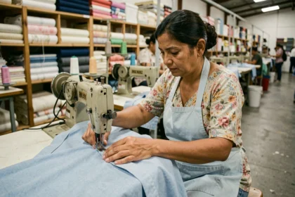 Ouvrière textile cousant du tissu sur une machine industrielle dans une usine de confection