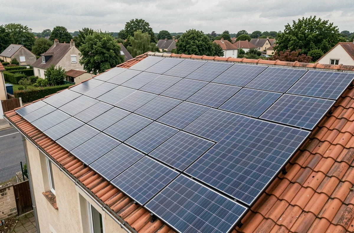 Panneaux solaires photovoltaïques installés sur le toit d'une maison individuelle en autoconsommation solaire monophasée