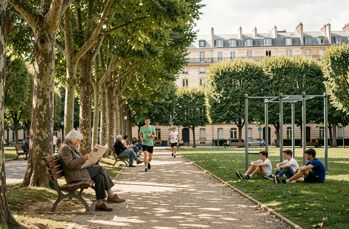 Parc urbain français avec allée de platanes, promeneurs de différents âges et équipements de sport en plein air, illustrant le rôle social de l'espace vert en ville