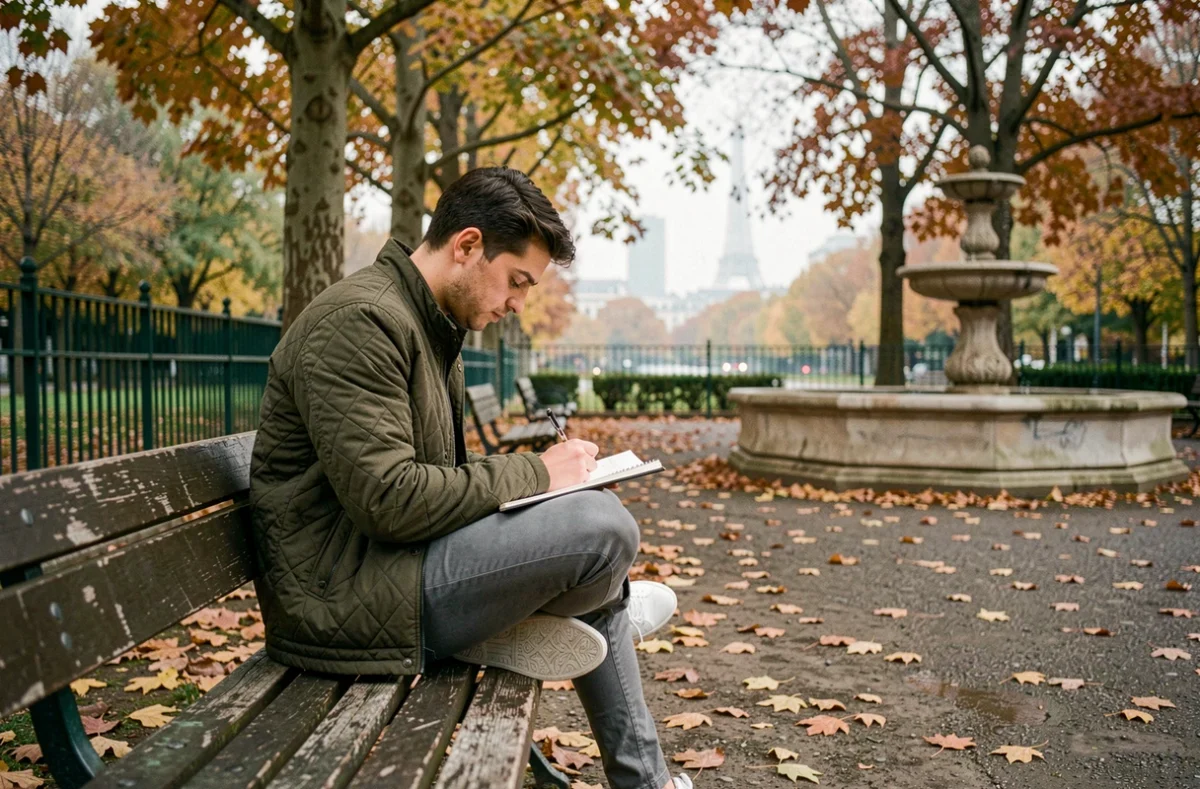 Jeune homme dessinant dans un carnet sur un banc en bois dans un parc parisien en automne entouré de feuilles dorées et d'arbres platanes