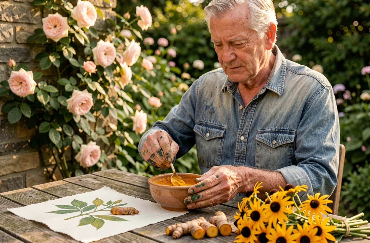 Vieil artiste mélangeant un pigment naturel extrait du curcuma dans son jardin pour créer une peinture végétale