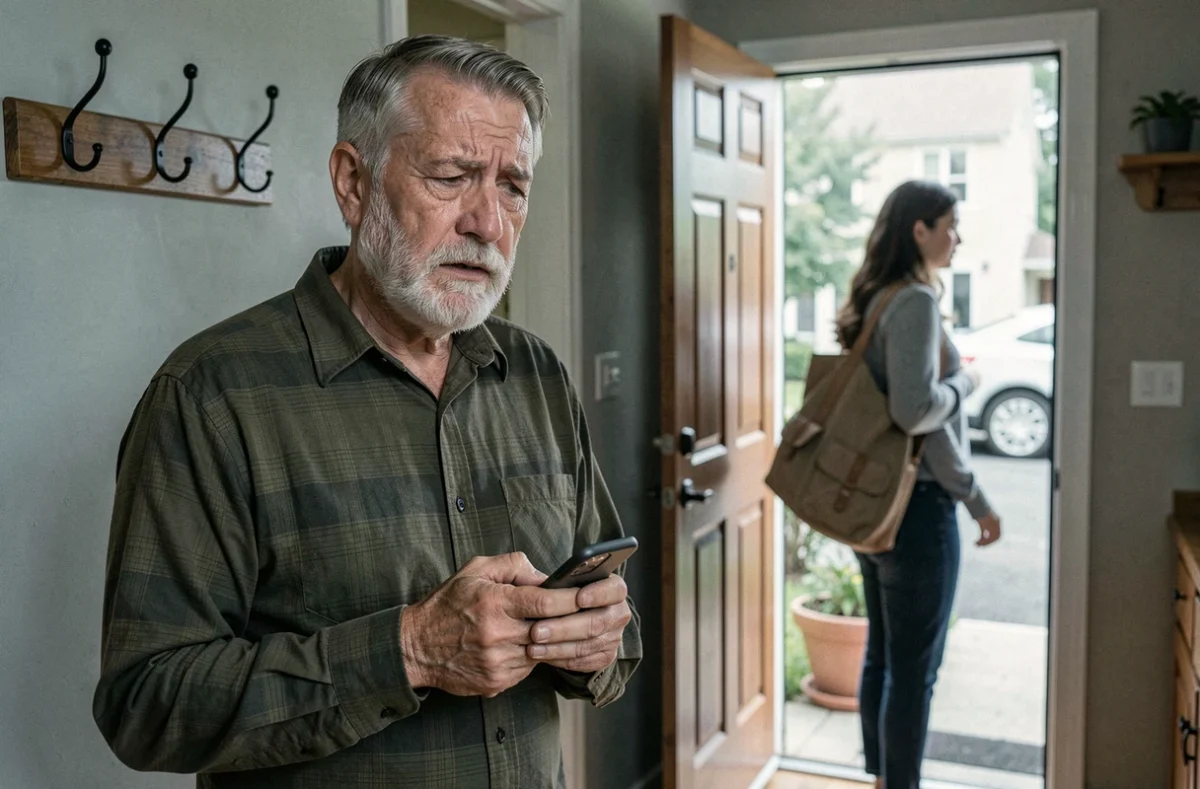 Père âgé regardant sa fille adulte partir avec une expression de doute et d'inquiétude dans un couloir d'entrée