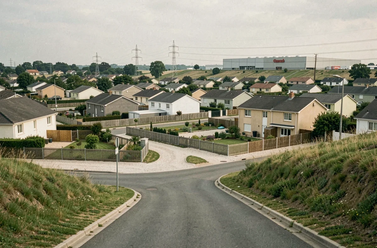 Périphérie urbaine française avec lotissement pavillonnaire en étalement, petites maisons individuelles entourées de clôtures et de voies étroites