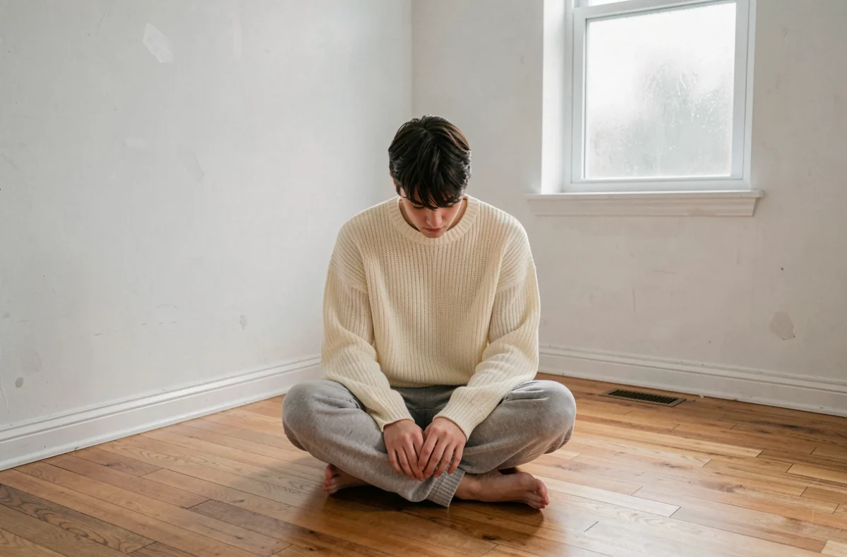 Jeune personne assise seule au sol dans une pièce vide, posture de repli sur soi, représentation visuelle du vide intérieur et de la détresse émotionnelle