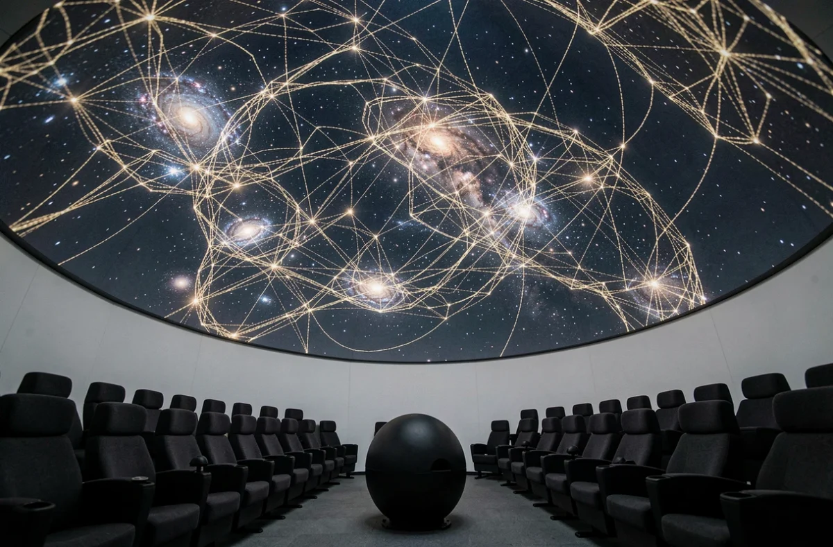 Dôme de planétarium projetant la structure cosmique à grande échelle avec des vides spatiaux visibles entre les filaments galactiques