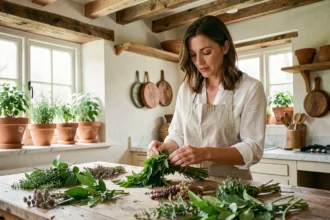 Femme examinant des plantes minceur et herbes naturelles sur un comptoir en bois dans une cuisine rustique