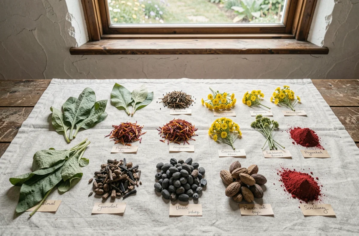 Vue aérienne de plantes tinctoriales disposées sur du lin pour illustrer les sources végétales de peinture naturelle