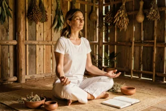 Femme méditant en préparation d'une cérémonie ayahuasca dans une hutte amazonienne traditionnelle