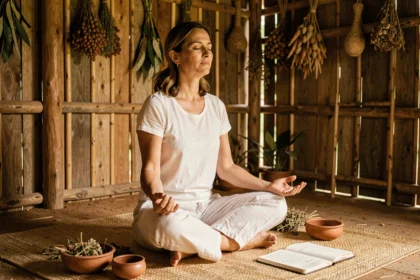 Femme méditant en préparation d'une cérémonie ayahuasca dans une hutte amazonienne traditionnelle