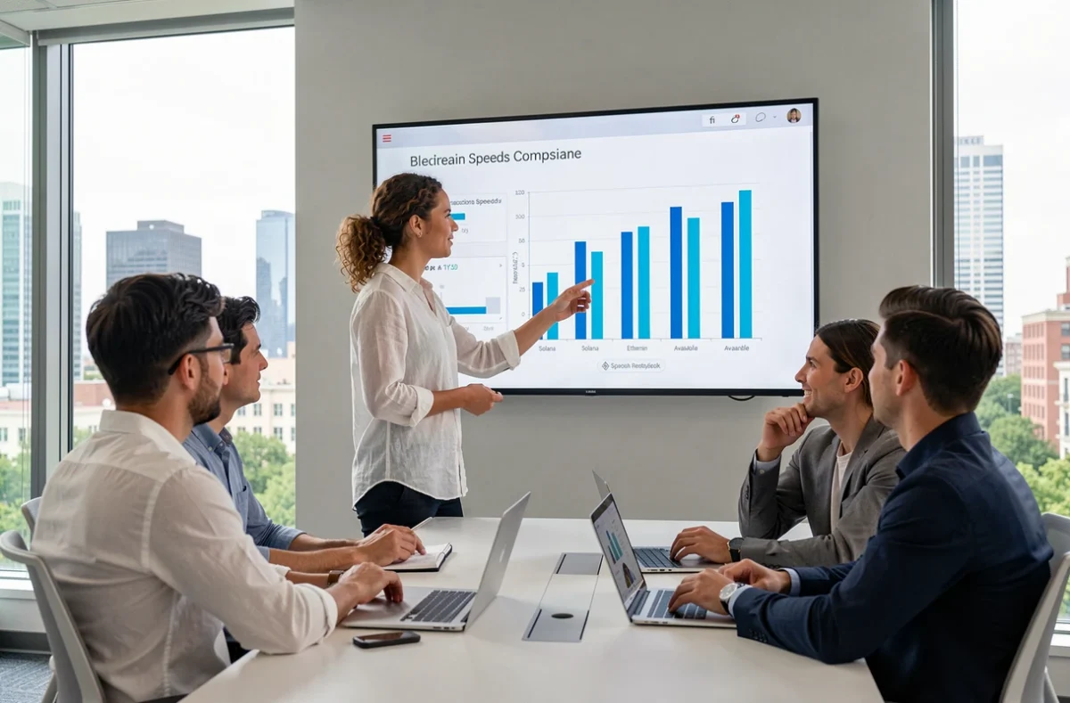 Femme présentant une comparaison des vitesses de transaction de différentes blockchains à une équipe en salle de réunion