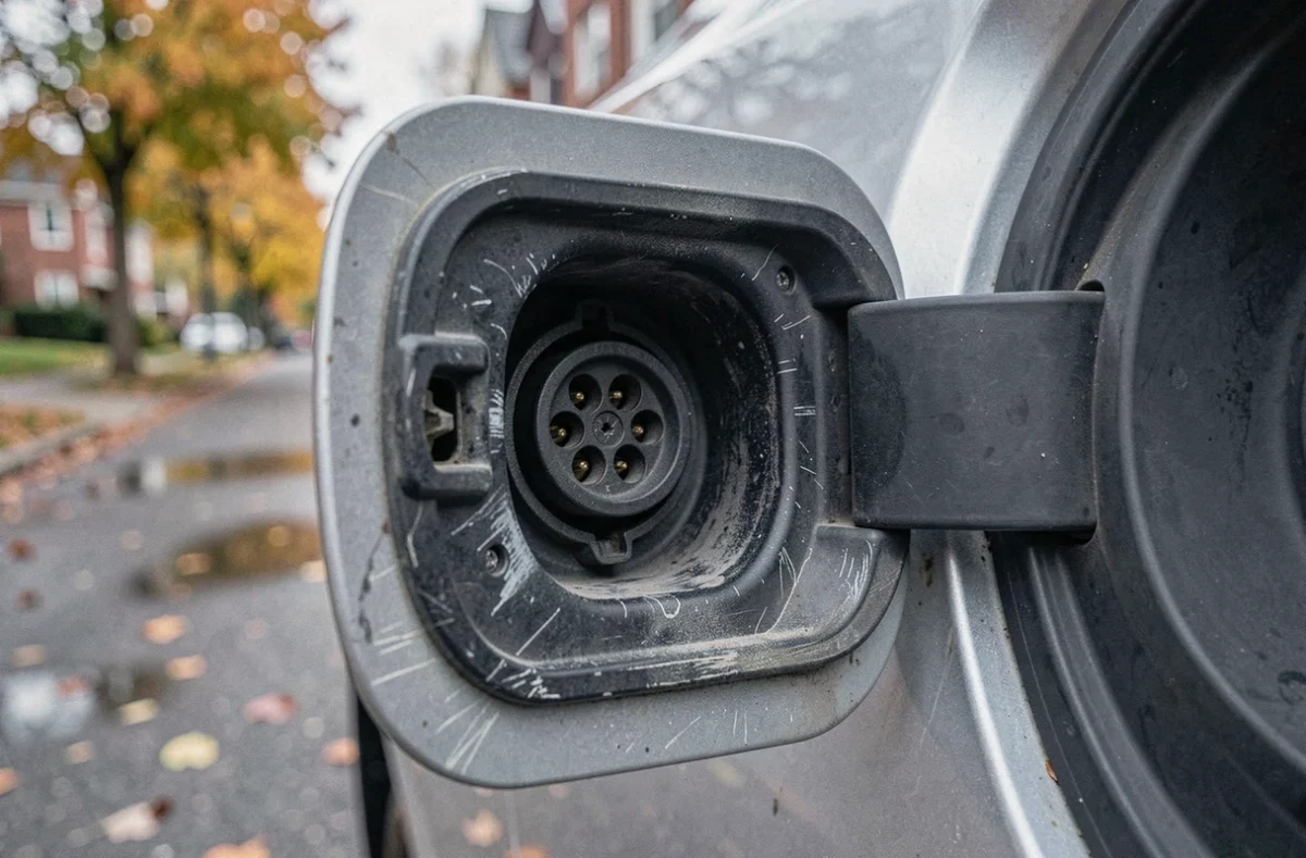 Gros plan sur la prise de recharge usée d'un véhicule électrique après des années d'utilisation quotidienne, illustrant le vieillissement des composants d'une voiture électrique