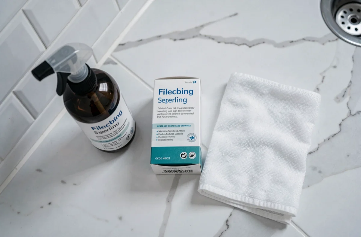 Comparatif de produits nettoyants pour sol disposés sur un carrelage en marbre blanc dans une salle de bain épurée
