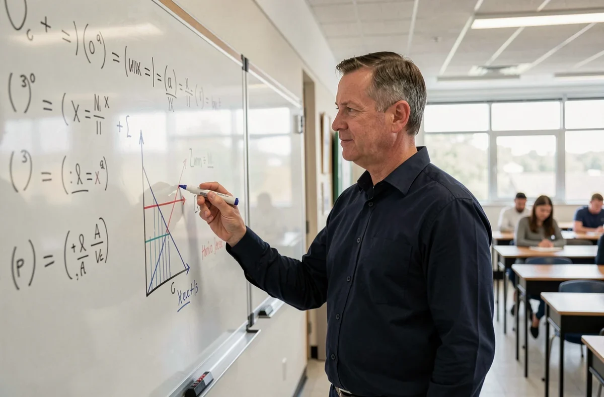 Professeur de mathématiques expliquant la résolution de systèmes d'inégalités au tableau blanc