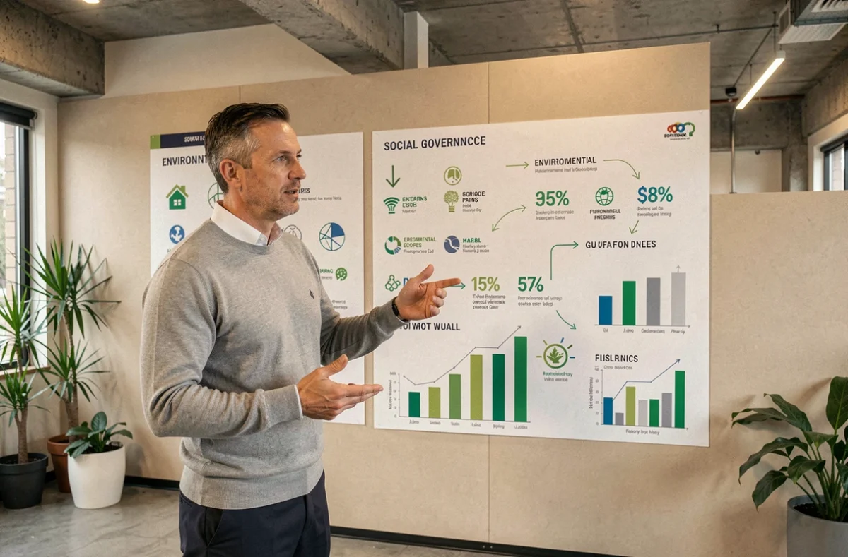 Professionnel présentant des indicateurs ESG sur un mur infographique dans un open space contemporain