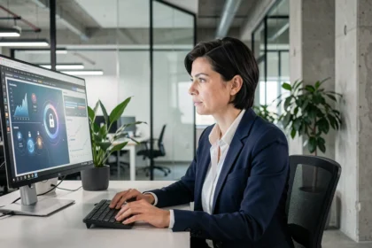 Professionnelle en cybersécurité analysant des données protégées sur un écran dans un bureau moderne