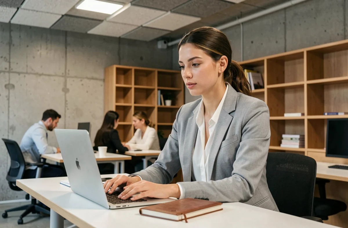 Femme professionnelle s'installant à un poste de travail flex desk dans un coworking contemporain