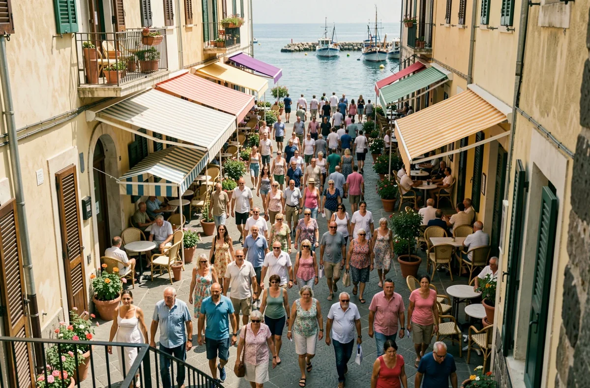 Promenade côtière méditerranéenne bondée de touristes internationaux en été, illustrant la croissance du tourisme mondial prévue jusqu'en 2026