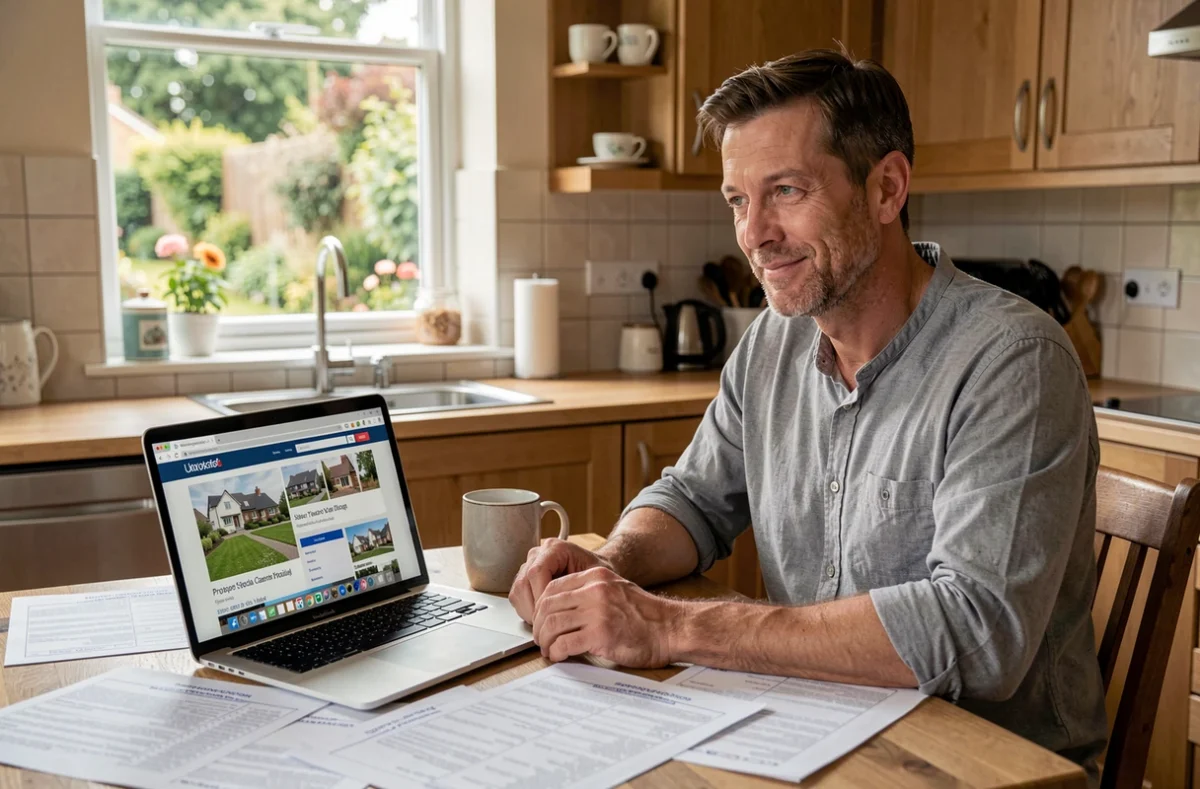 Propriétaire consultant des documents d'estimation immobilière sur une table de cuisine avec un ordinateur portable