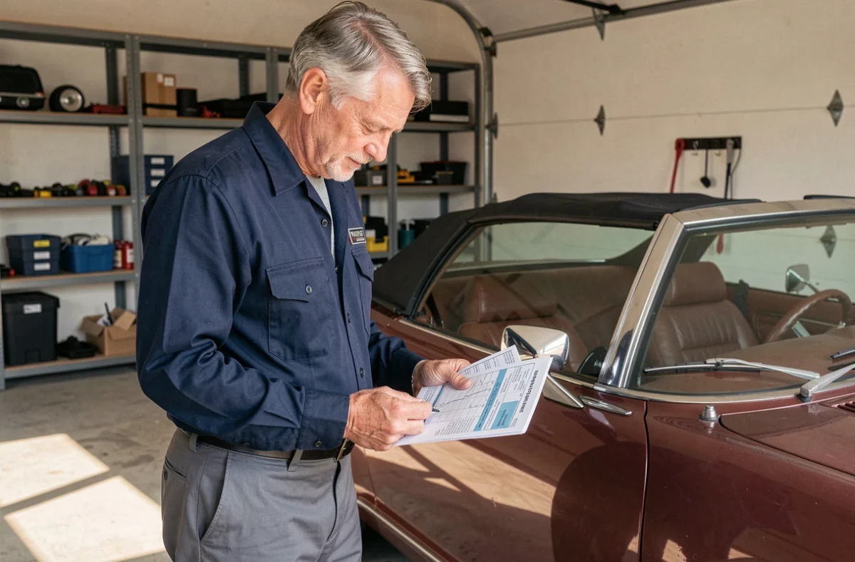 Propriétaire de véhicule de collection consultant une carte grise dans un garage privé avec une voiture ancienne des années 1970 en arrière-plan