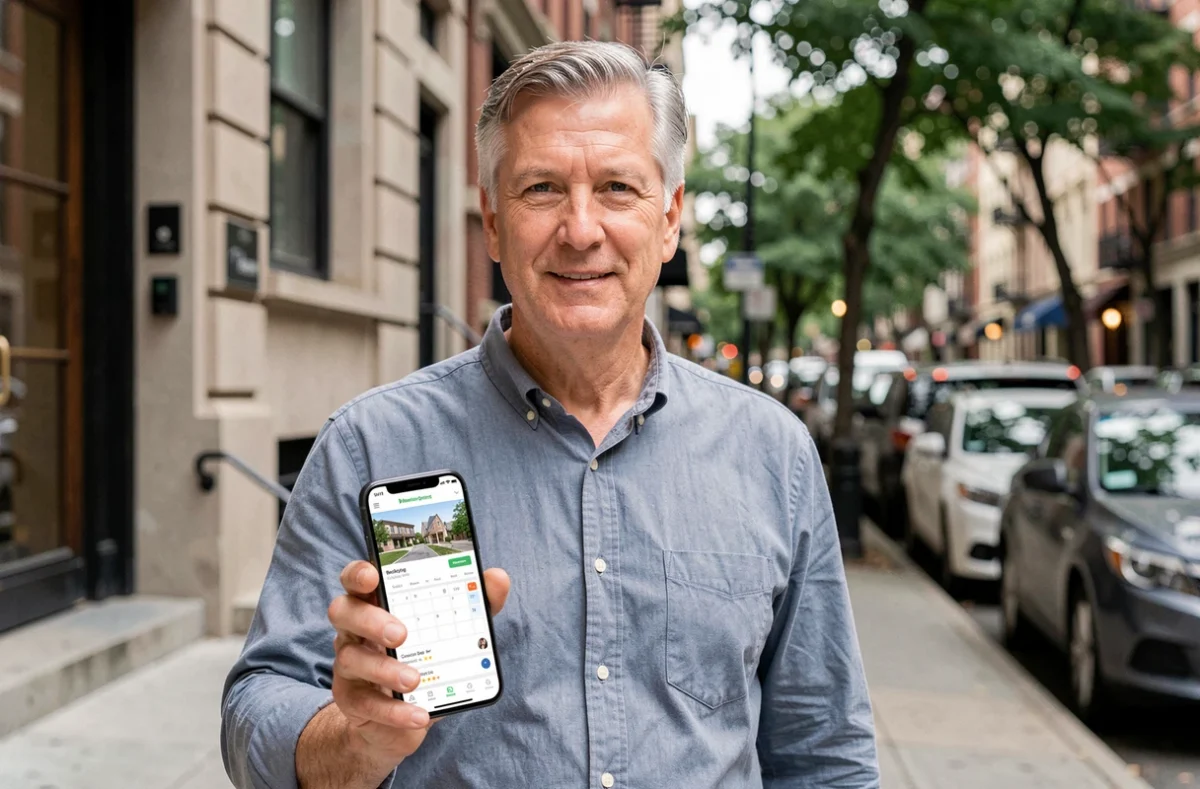 Propriétaire gérant ses locations courtes durées STR via une application mobile devant son immeuble