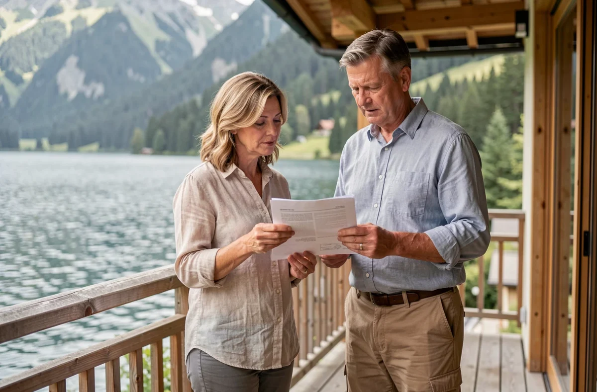 Couple consultant des documents immobiliers devant leur résidence secondaire en bord de lac avec chalet en arrière-plan
