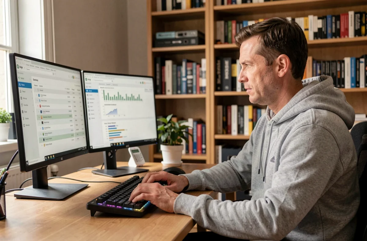 Homme travaillant sur une base de données à domicile avec deux écrans illustrant la gestion et la protection des données numériques