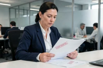Femme professionnelle examinant des documents confidentiels dans un bureau d'entreprise pour illustrer la protection des données sensibles