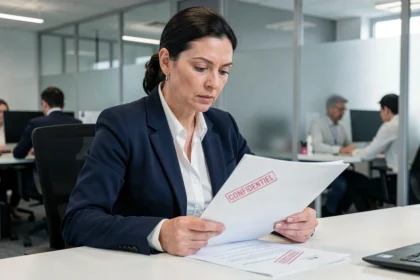 Femme professionnelle examinant des documents confidentiels dans un bureau d'entreprise pour illustrer la protection des données sensibles