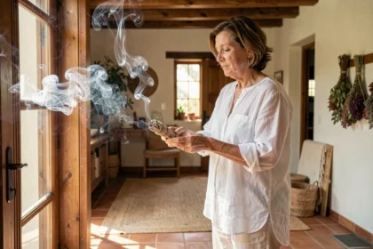 Femme effectuant un rituel de purification à la sauge blanche dans un salon rustique aux tons chauds