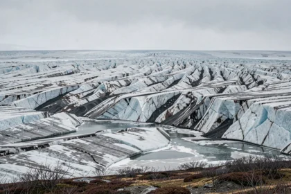 Glacier arctique en fort recul exposant la roche noire sous-jacente, symbole visible du changement climatique et de la fonte des glaces polaires