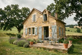 Maison en pierre typique utilisée comme résidence secondaire à la campagne en France, avec volets bleus et terrasse en pierre