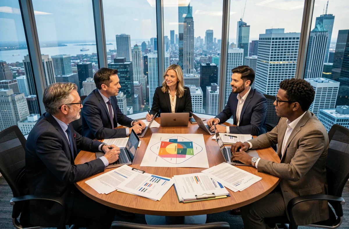 Équipe de professionnels analysant une matrice Ansoff autour d'une table de réunion avec vue sur la ville