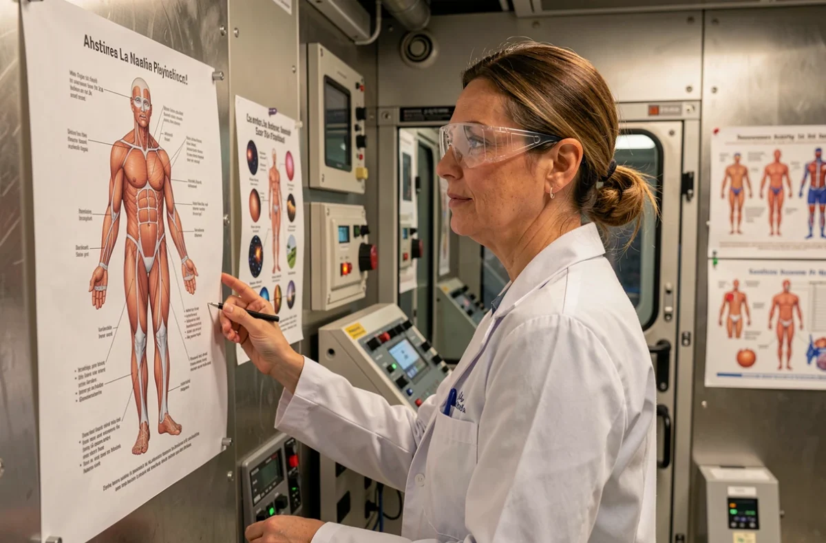 Scientifique étudiant des diagrammes anatomiques humains dans un laboratoire de recherche spatiale pour analyser la survie du corps dans l'espace