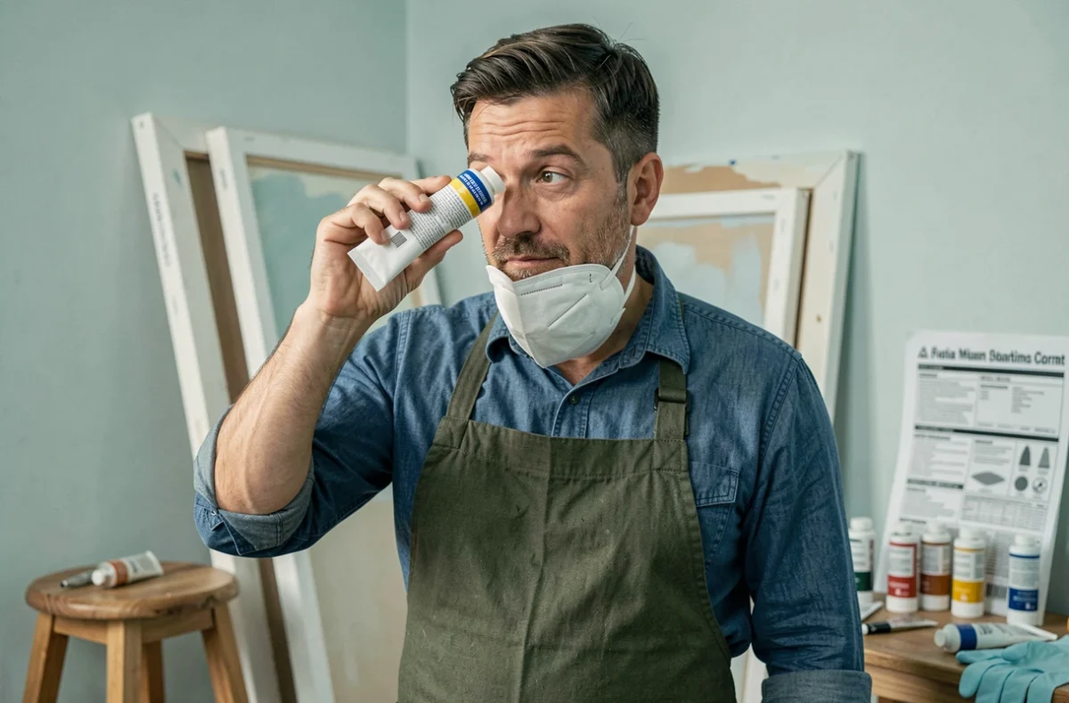 Homme lisant l'étiquette de sécurité d'un tube de peinture acrylique avec un masque autour du cou dans un atelier