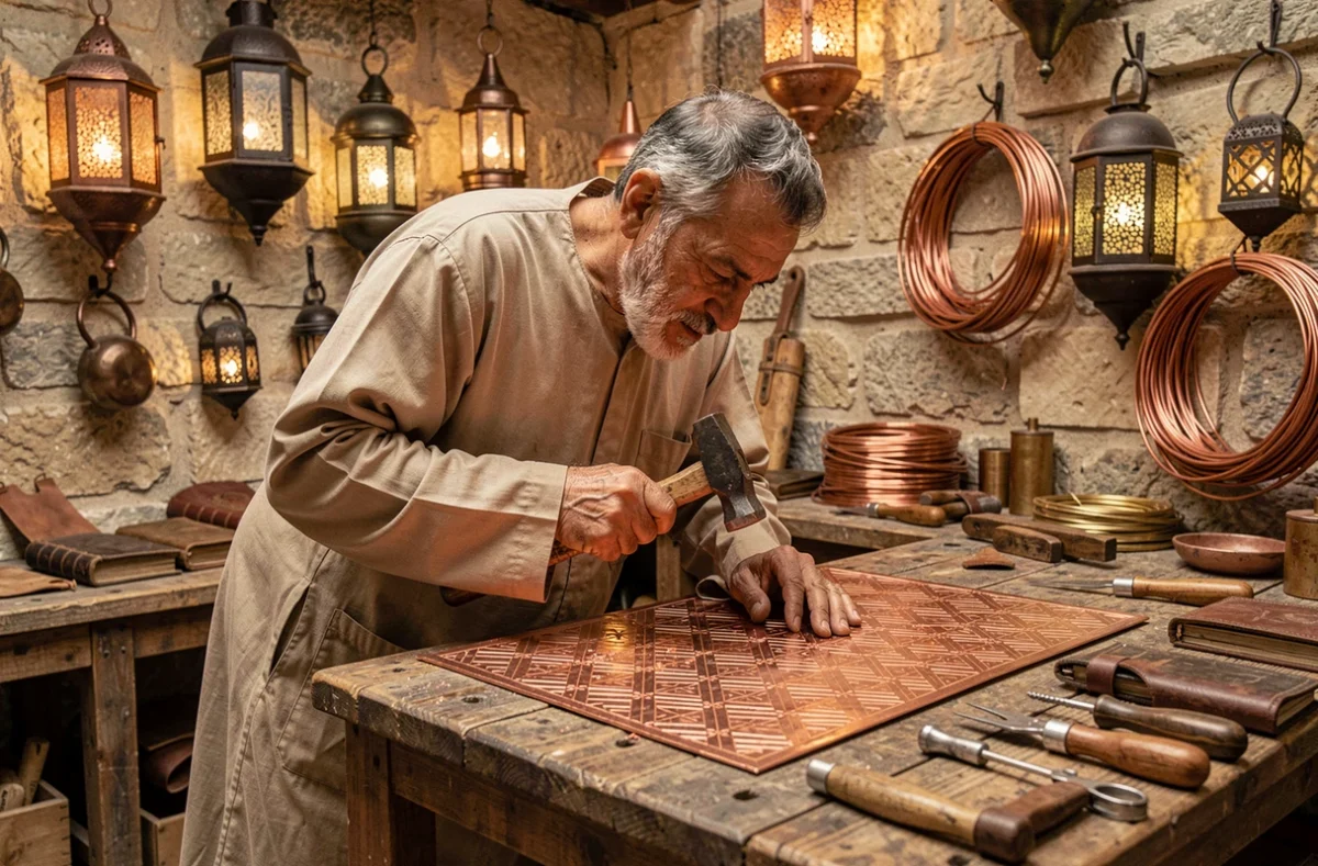 Artisan marocain en djellaba travaillant le cuivre dans un atelier traditionnel de la médina, entouré de lanternes artisanales