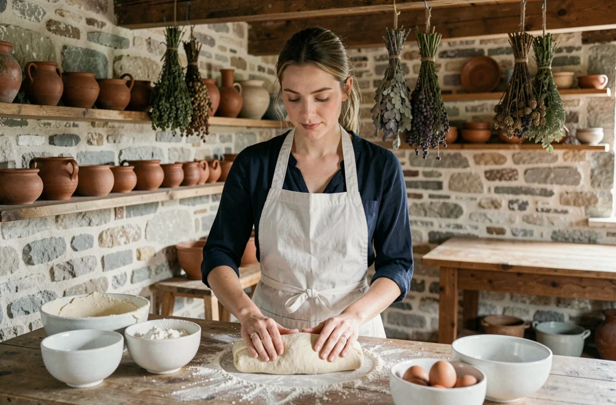 Jeune femme française préparant une pâte maison dans une cuisine rustique traditionnelle en pierre avec des ustensiles en céramique