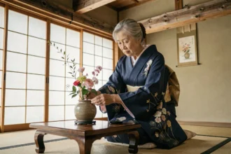 Femme japonaise âgée en kimono traditionnel arrangeant une composition florale ikebana dans une pièce tatami authentique