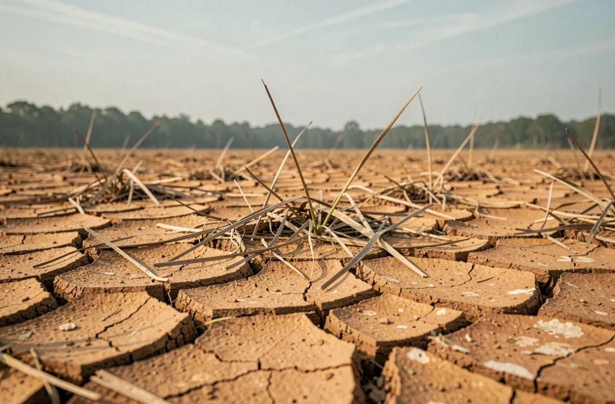 Sol argileux craquelé d'une zone humide asséchée, illustrant les effets de la sécheresse et de la désertification liés au réchauffement climatique