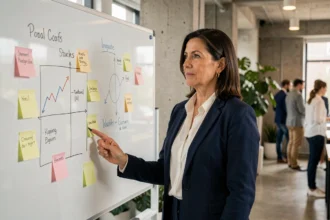 Femme cadre présentant une matrice de stratégie de développement sur un tableau en verre dans un bureau moderne